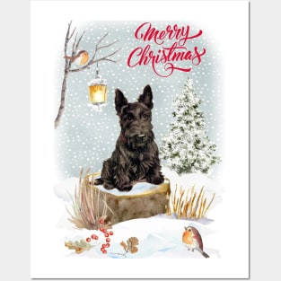 Scottish Terrier Scottie Merry Christmas Santa Dog Holiday Greeting Posters and Art